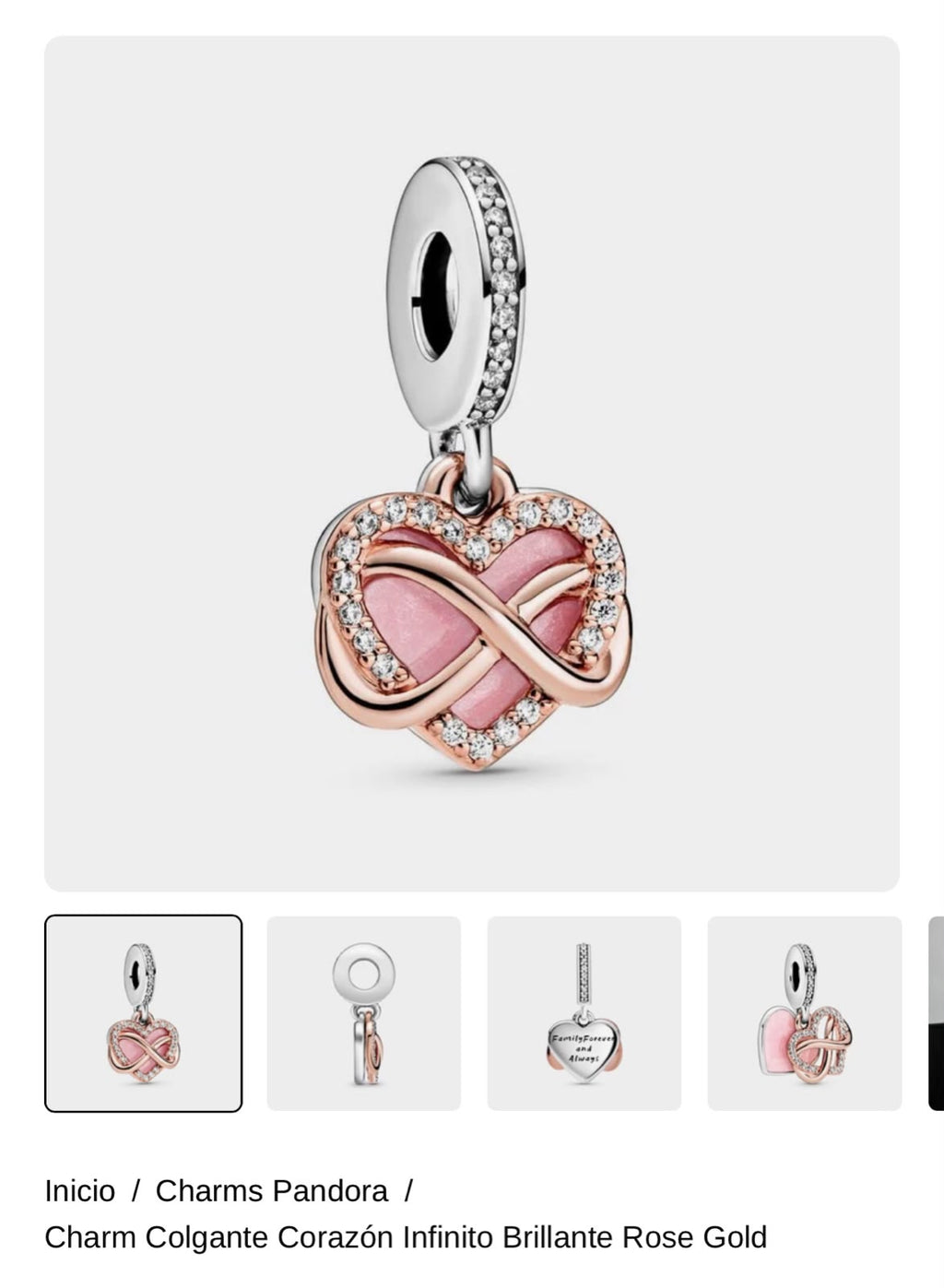 Charm Colgante Corazón Infinito Brillante Rose Gold