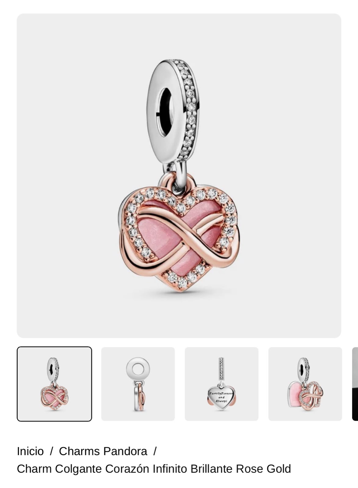 Charm Colgante Corazón Infinito Brillante Rose Gold
