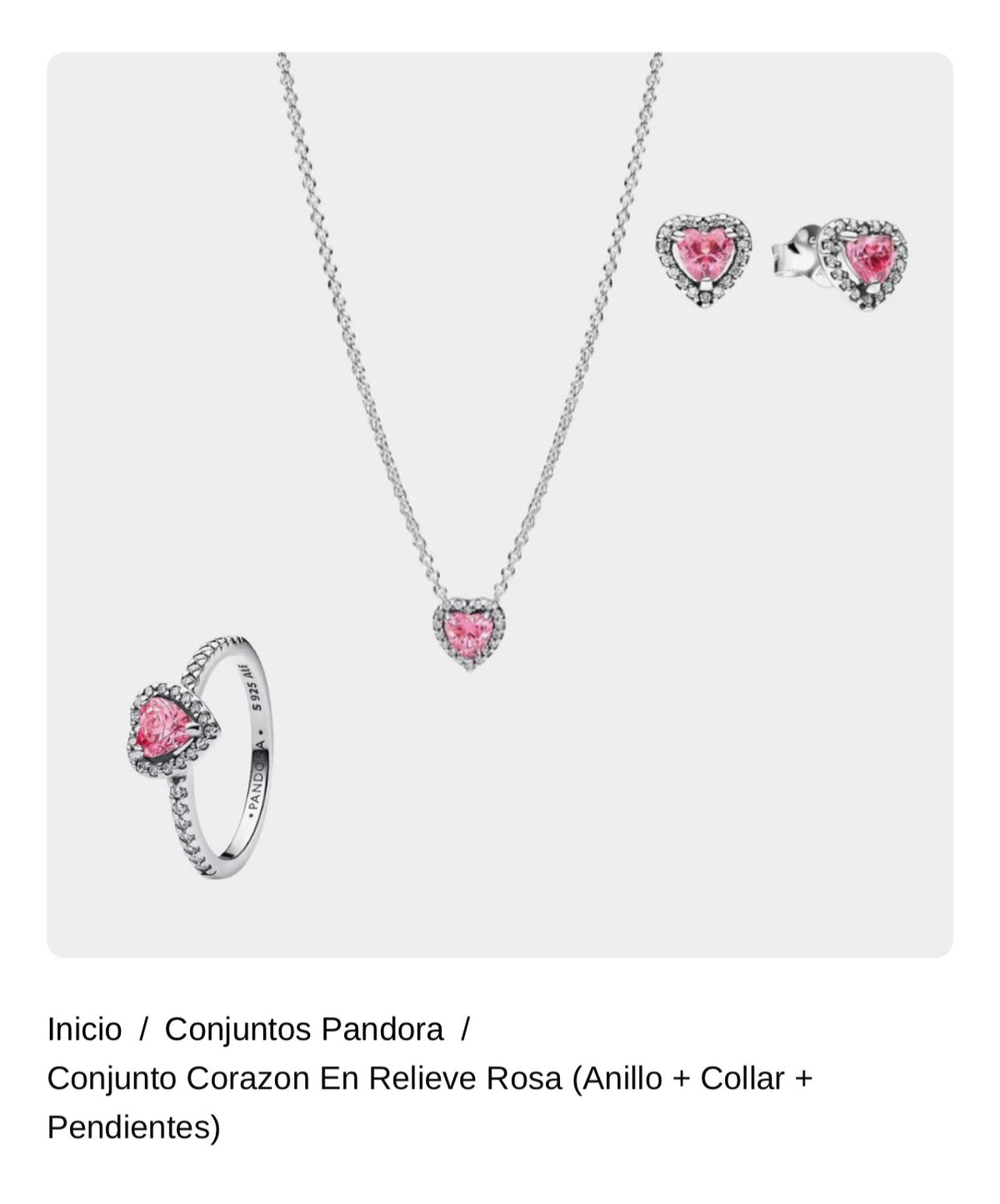Conjunto Corazon En Relieve Rosa (Anillo + Collar + Pendientes)