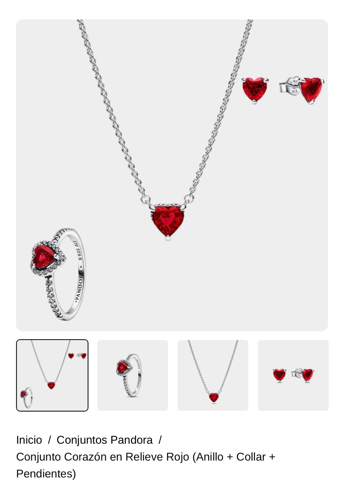 Conjunto Corazón en Relieve Rojo (Anillo + Collar + Pendientes)