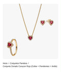 Conjunto Dorado Corazon Rojo (Collar + Pendientes + Anillo)